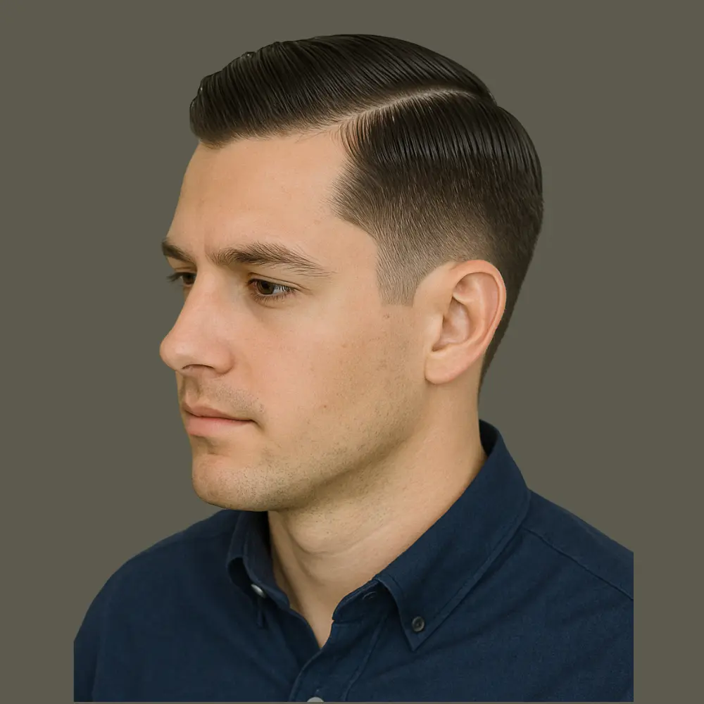 Low Fade Haircut with Slick Side Par